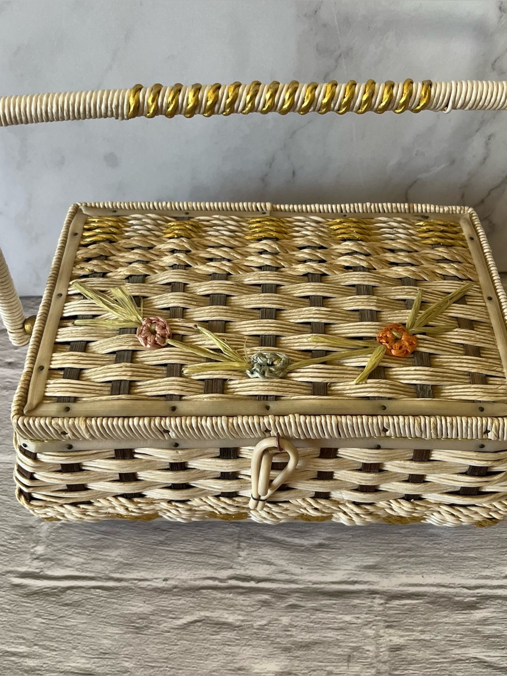 Japan Vintage Woven Sewing Notions Basket With Flowers